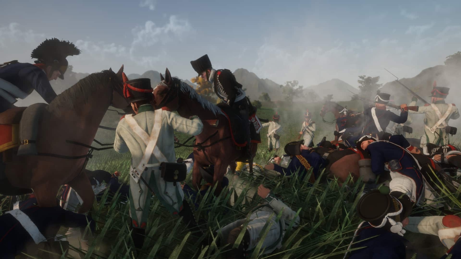 Soldiers and cavalry in 19th-century military uniforms engaged in battle on a grassy field with distant mountains