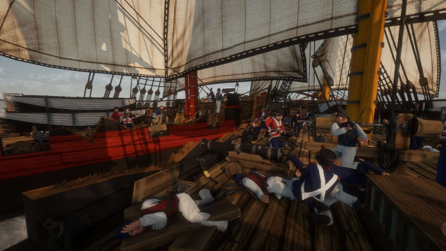 Soldiers in Napoleonic uniforms fighting on two wooden sailing ships with cannons and muskets during battle