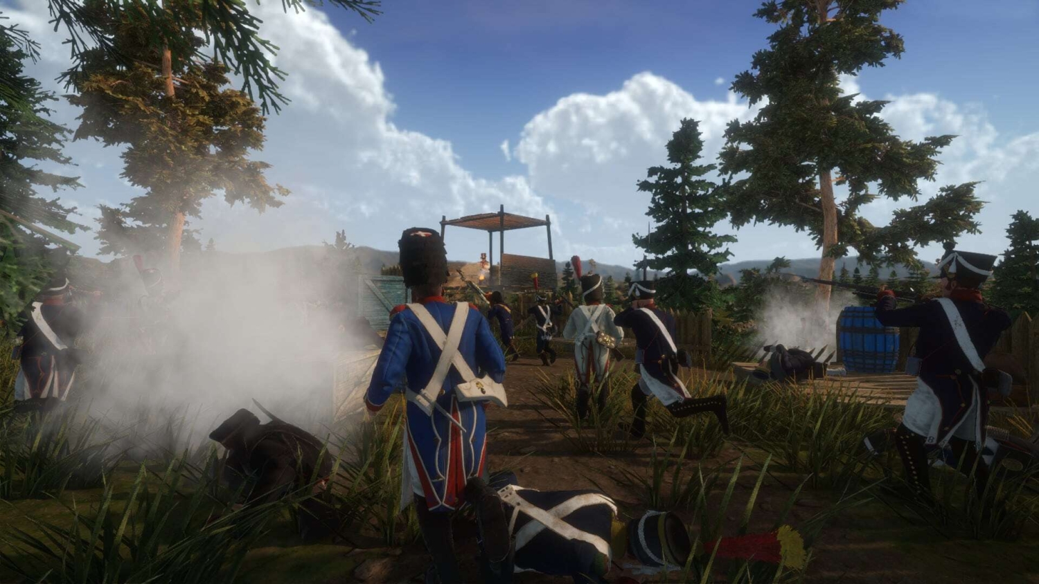 Soldiers dressed in Napoleonic uniforms running and firing muskets towards a wooden fortification with smoke and trees around