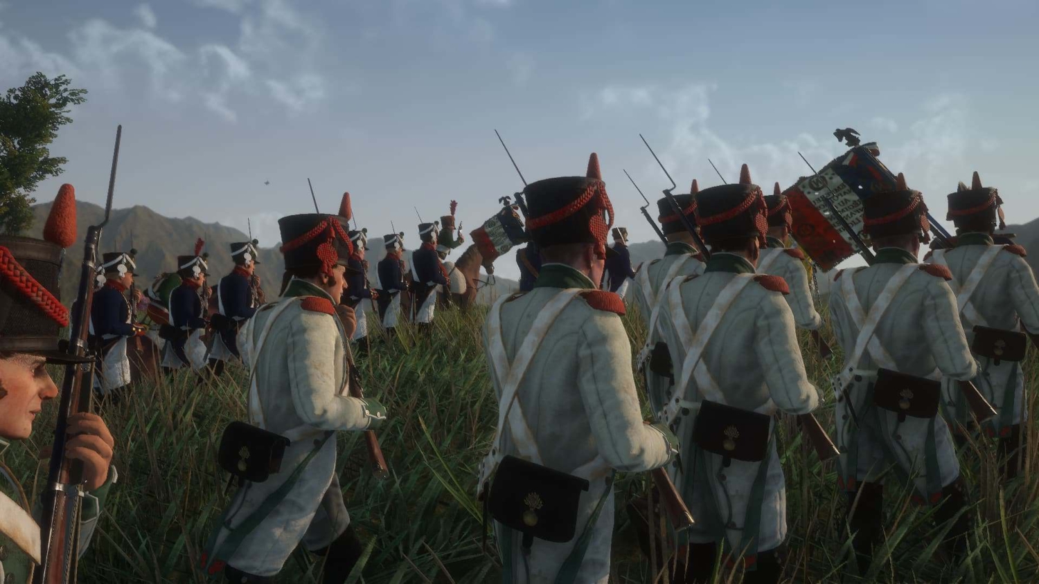Soldiers in historical Napoleonic uniforms with muskets standing on grassy hillside under cloudy sky