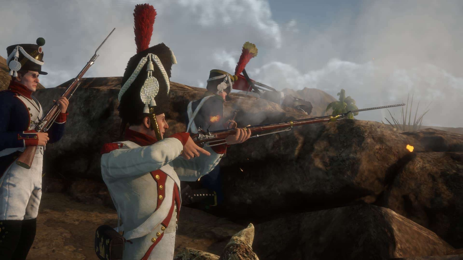 Three soldiers in Napoleonic-era uniforms firing muskets behind rocky cover