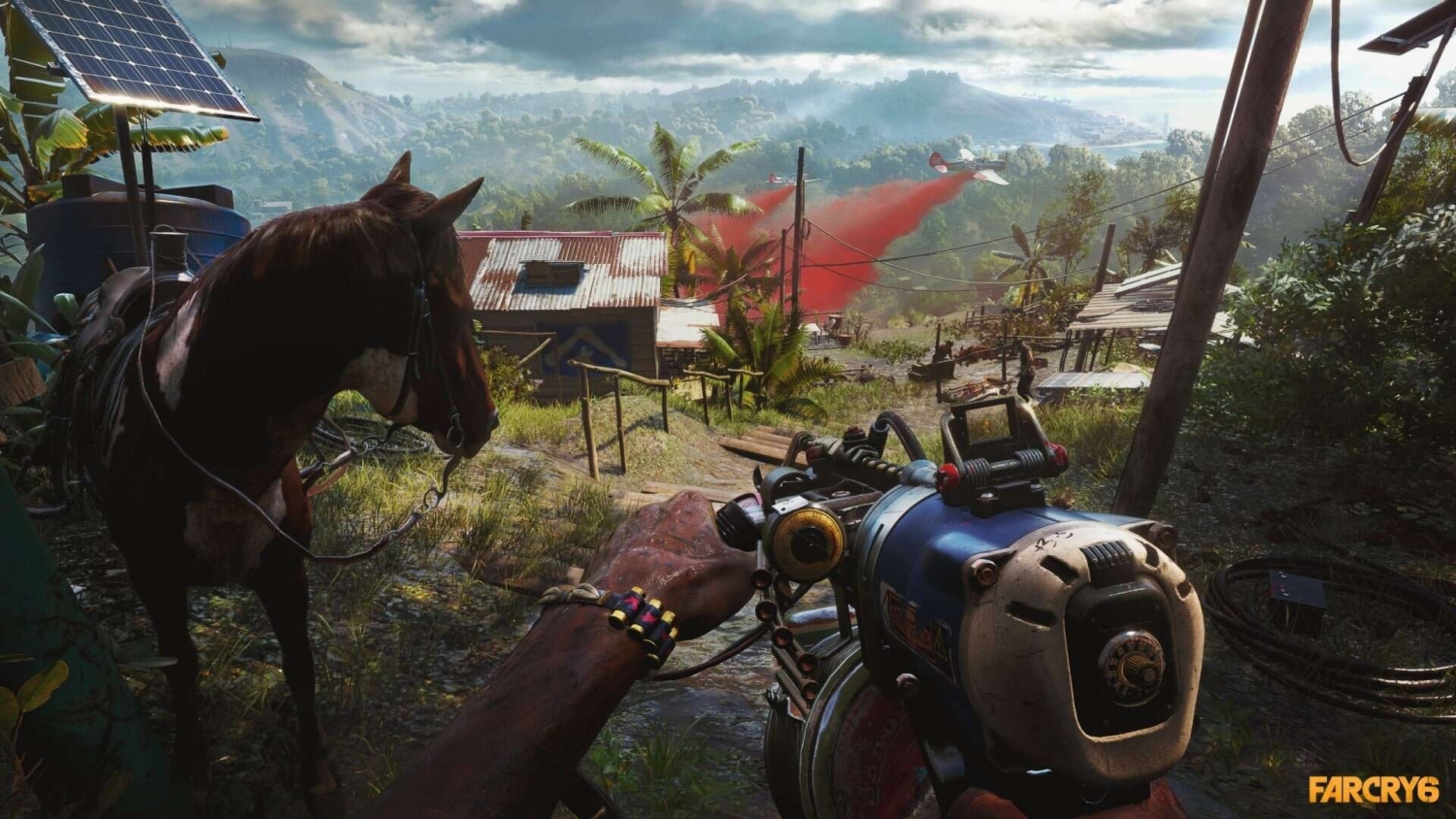 First-person view aiming a weapon in a tropical rural village with a horse tied nearby and a plane releasing red smoke above