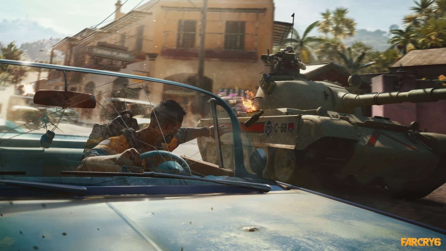 Man driving a blue convertible car dodging a flaming projectile from a tank in a street battle