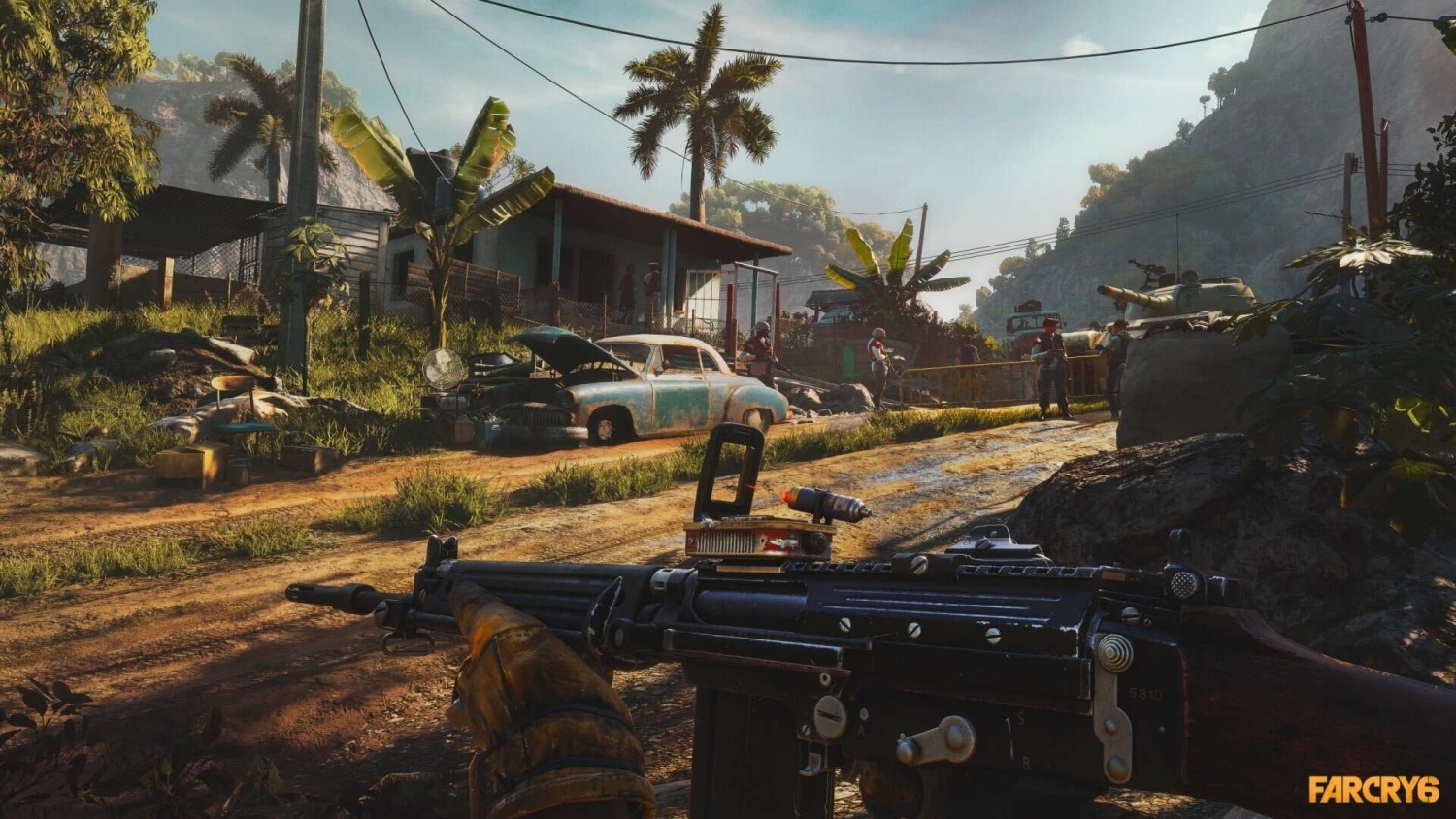 First-person perspective holding a gun at a rural checkpoint with armed guards, an old car, tropical plants and mountains