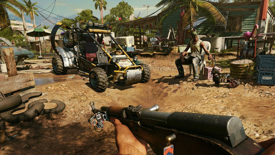 First-person perspective aiming a rifle at a man sitting beside a buggy in a rustic village market area
