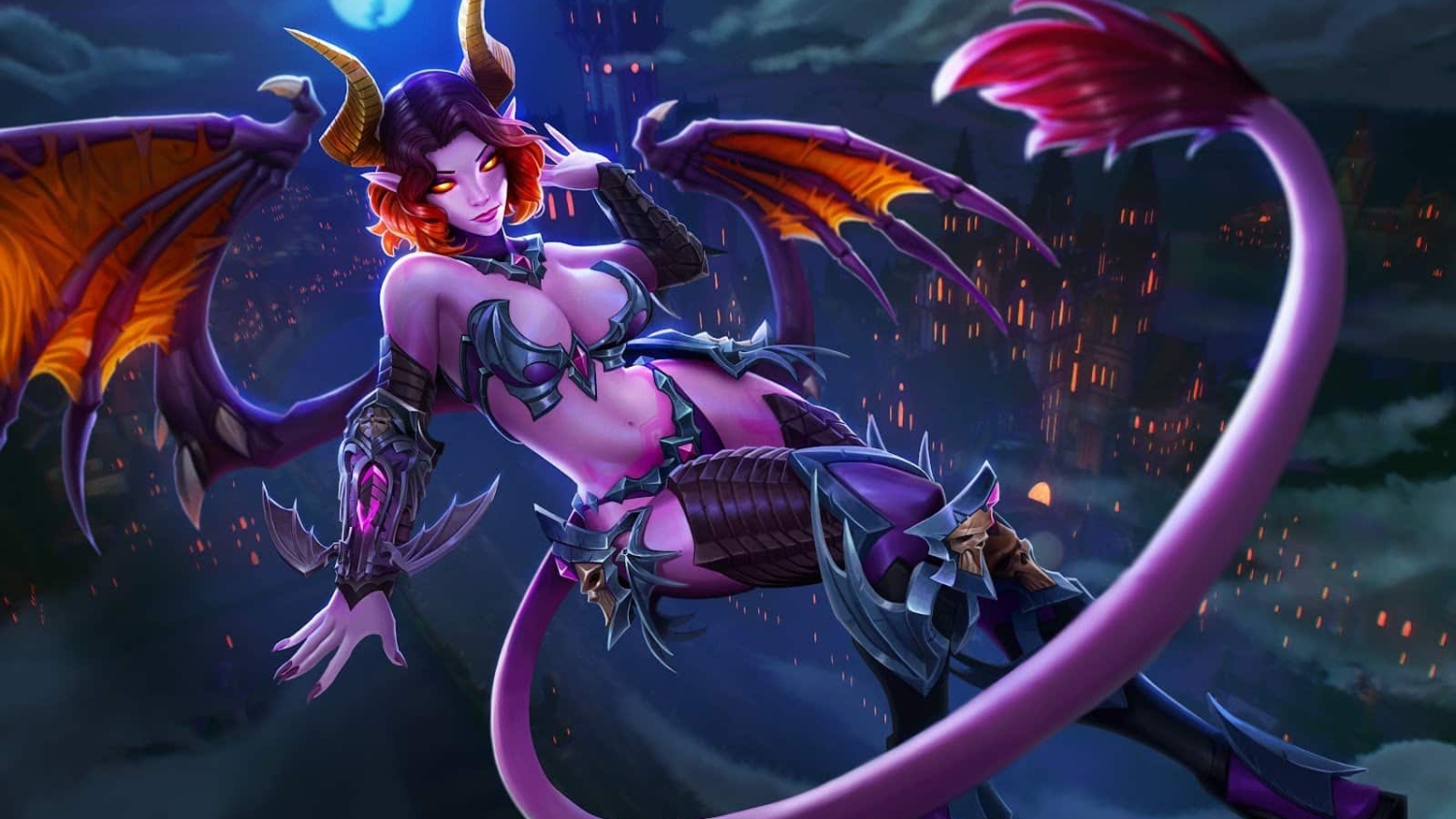 Purple-skinned female demon with horns and wings flying over a dark city at night