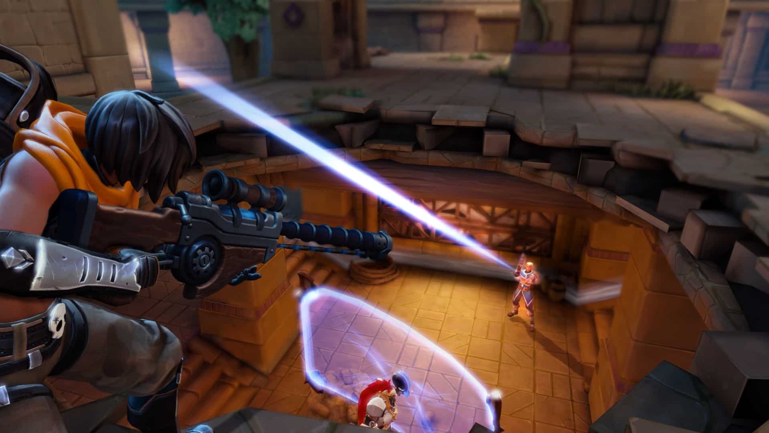 Sniper character firing a rifle across a desert ruin with two opponents below in tactical standoff