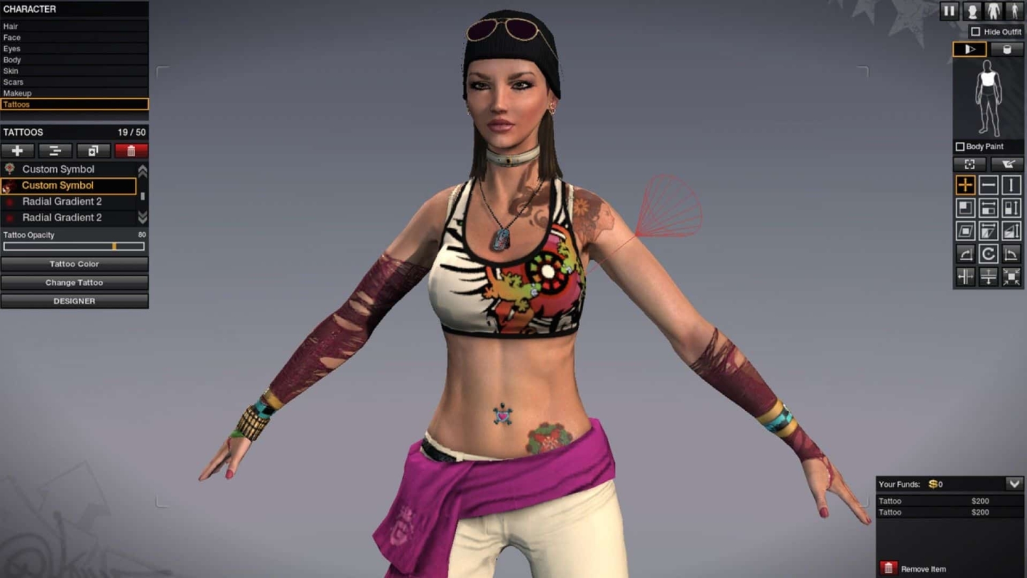 Female game character with detailed tattoos and sporty outfit in character creation interface