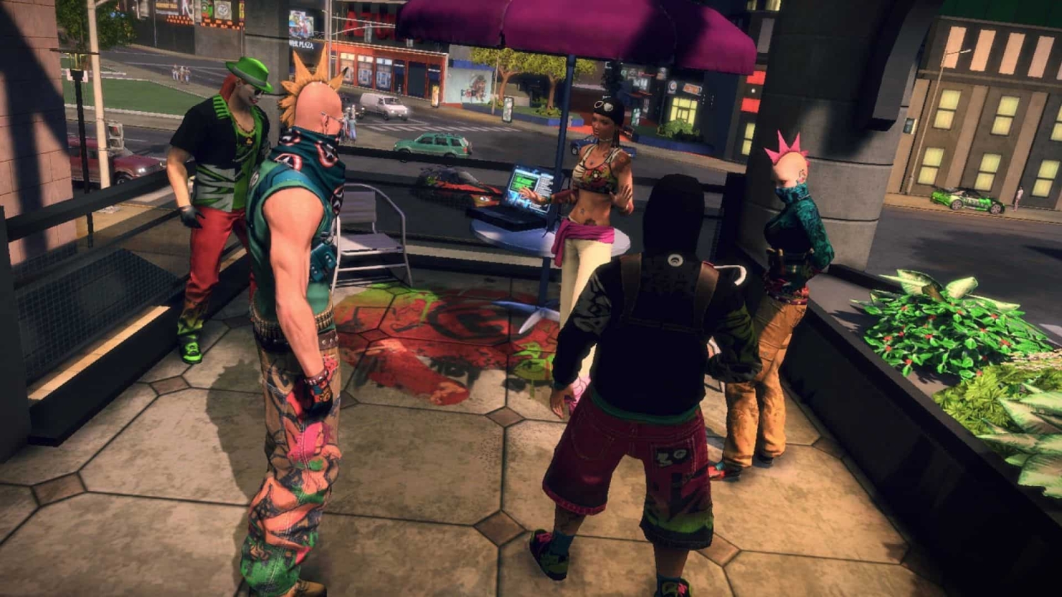 Five characters in colourful punk-inspired outfits stand on a balcony overlooking an urban street scene in a video game