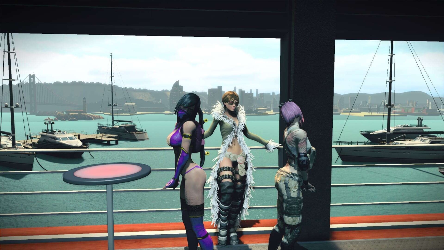 Three female characters in futuristic outfits stand on a balcony overlooking yachts and a city skyline on a bright day