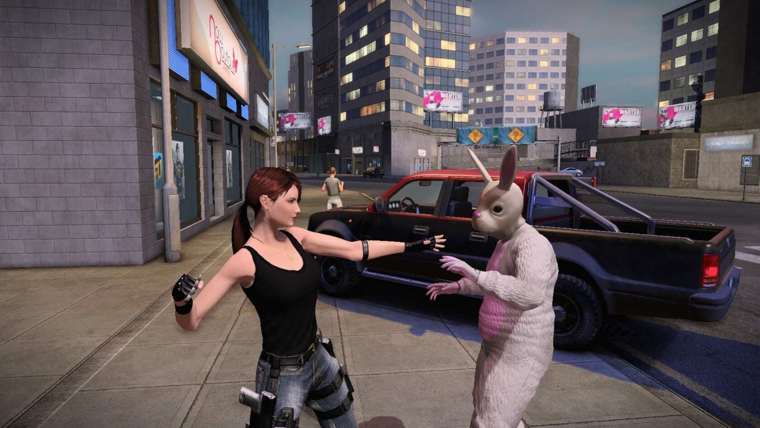 Female character in black tank top and jeans faces a person in a white rabbit costume on a city sidewalk near a red and black pickup truck