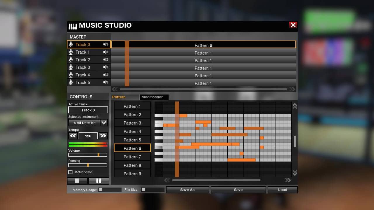Music studio interface with six active tracks and a piano roll showing pattern arrangements