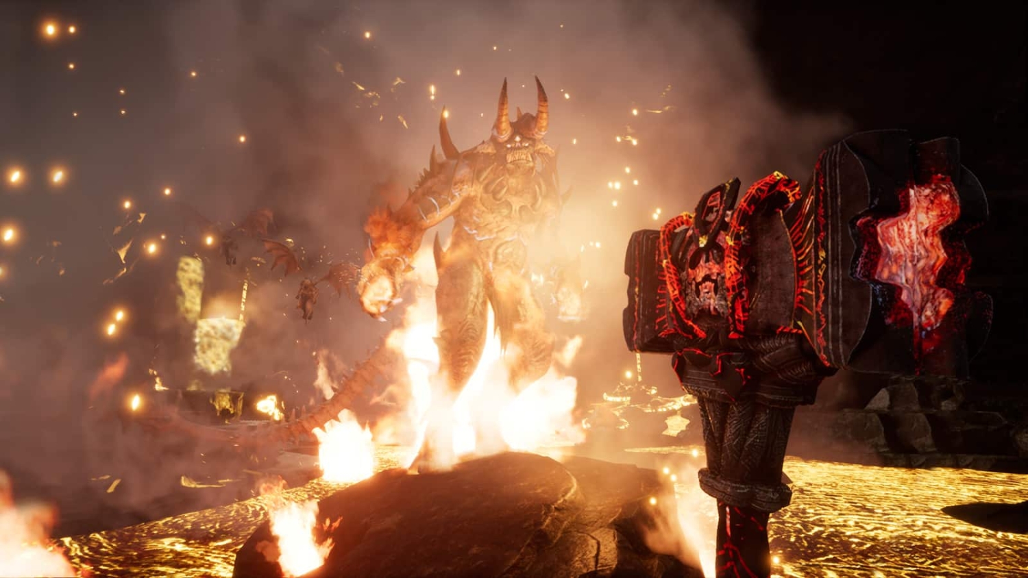 Large horned demon with fiery hands surrounded by flames and molten lava in volcanic setting