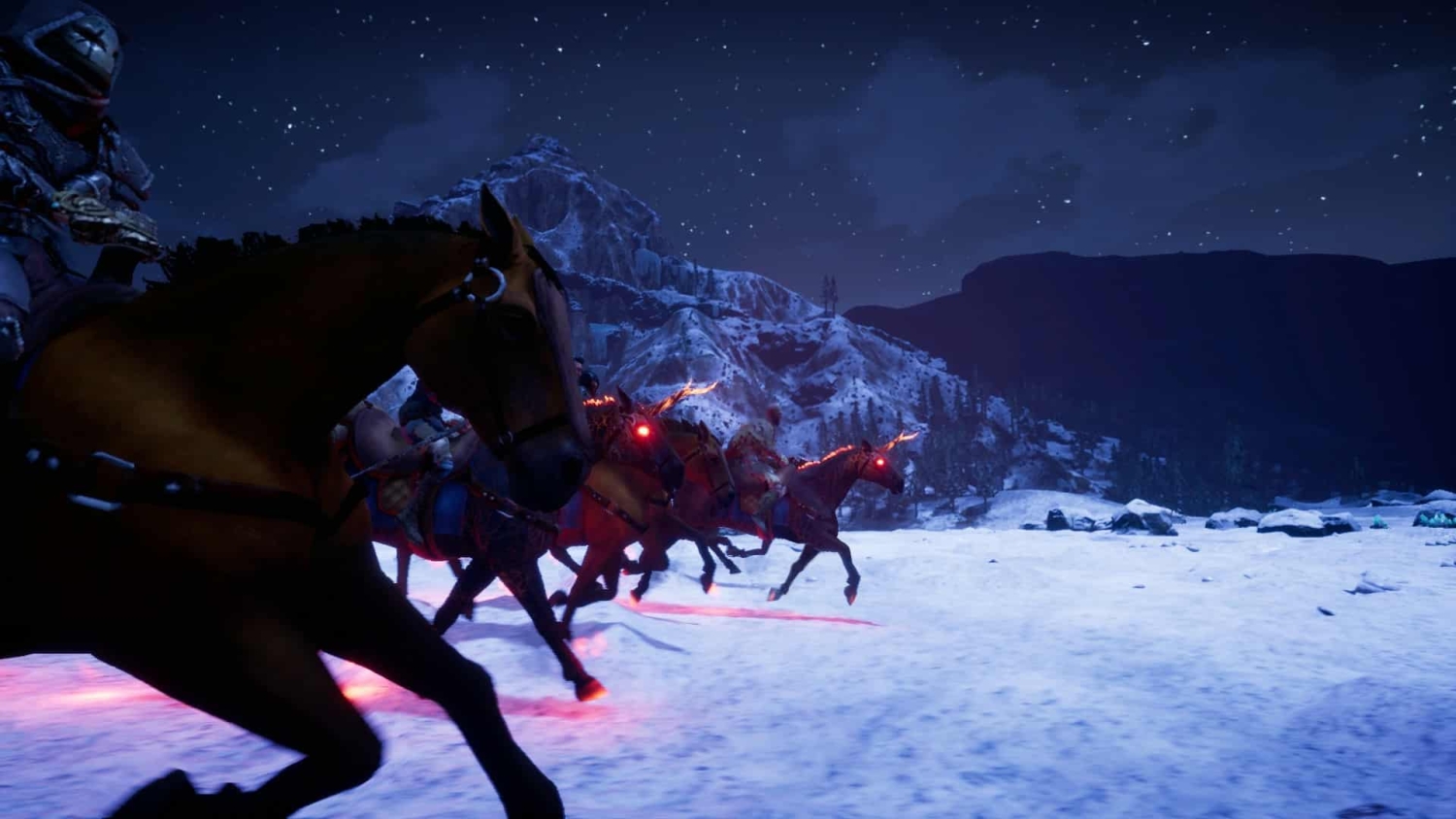 Armoured riders galloping on horses with glowing eyes and hooves across a snowy landscape at night
