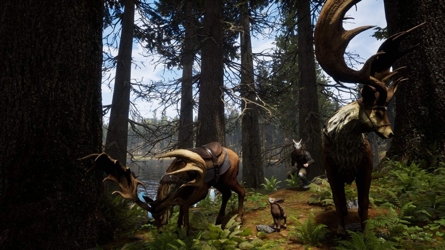 Two large antlered deer-like creatures with saddles in a dense forest by a lake, accompanied by a small animal and a figure wearing a mask
