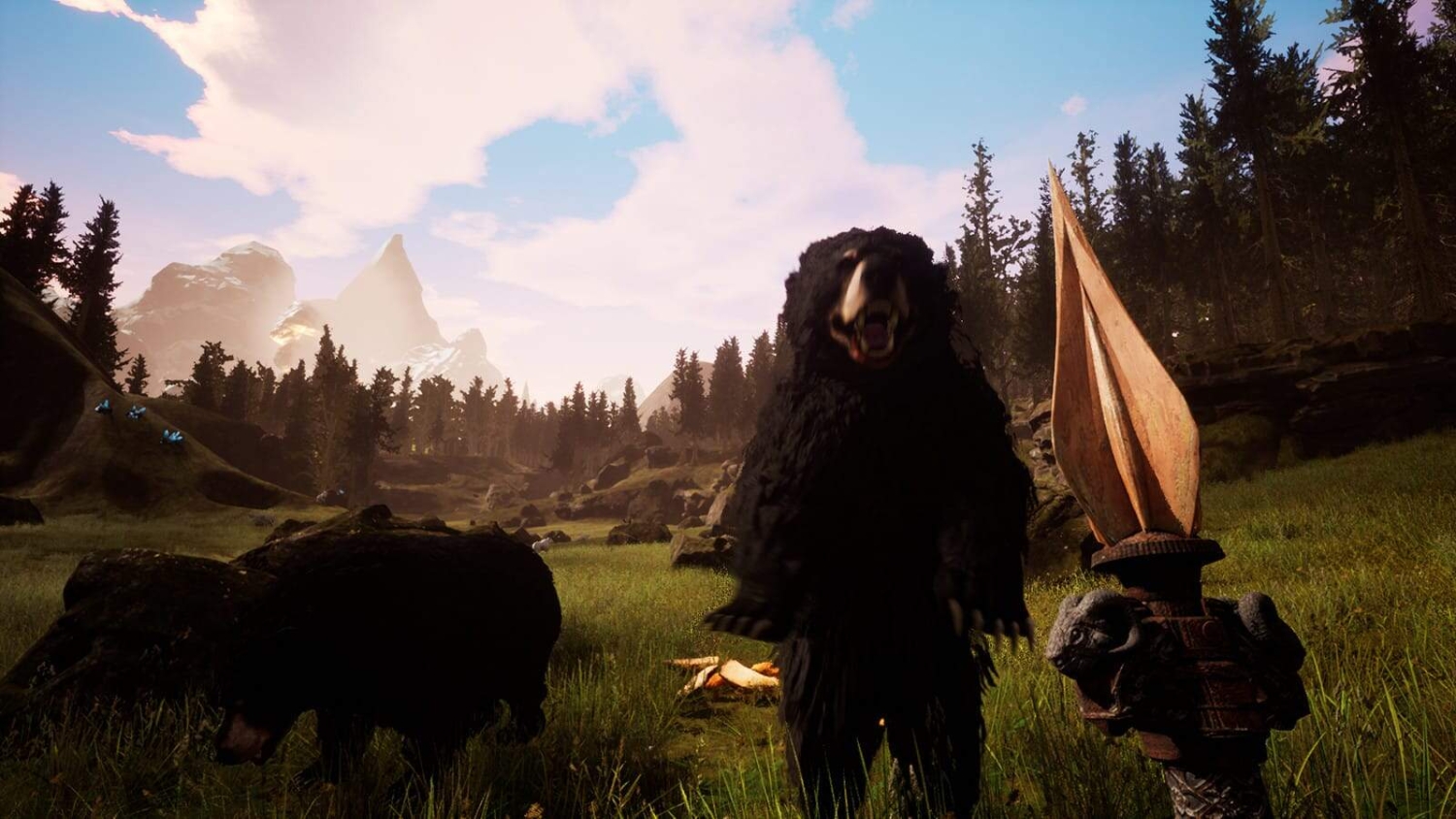 Two black bears in a grassy forest clearing with mountains in the background and a spear held in the foreground