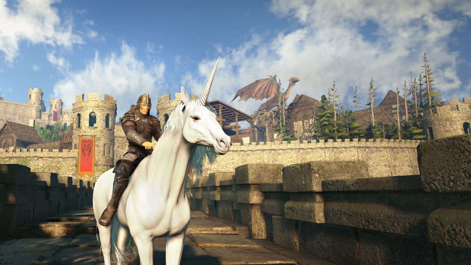 Armoured warrior riding a white unicorn across a stone castle bridge with a dragon perched on buildings in the background