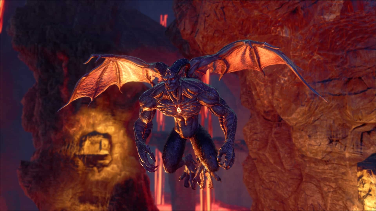 Demonic creature with large wings and glowing eyes flying in a fiery cave environment