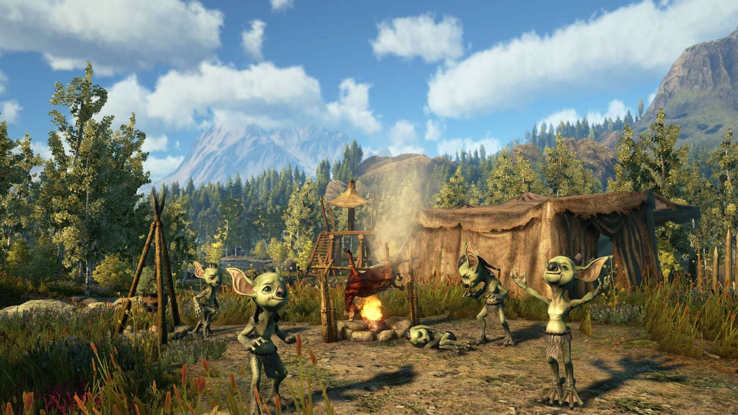 Goblin-like creatures dancing and playing around a campfire with a spit roasting meat in a forested mountain setting
