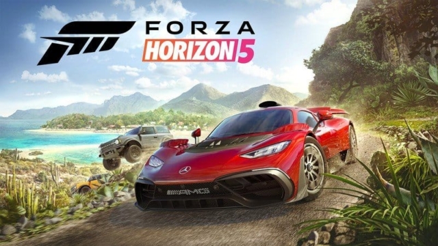 Red sports car and off-road truck racing on a dirt path near a coastal area with mountains in the background