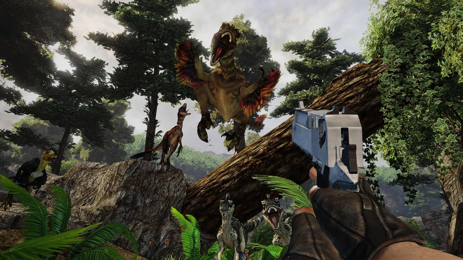 Player aiming a pistol at multiple aggressive dinosaurs in a dense forest setting
