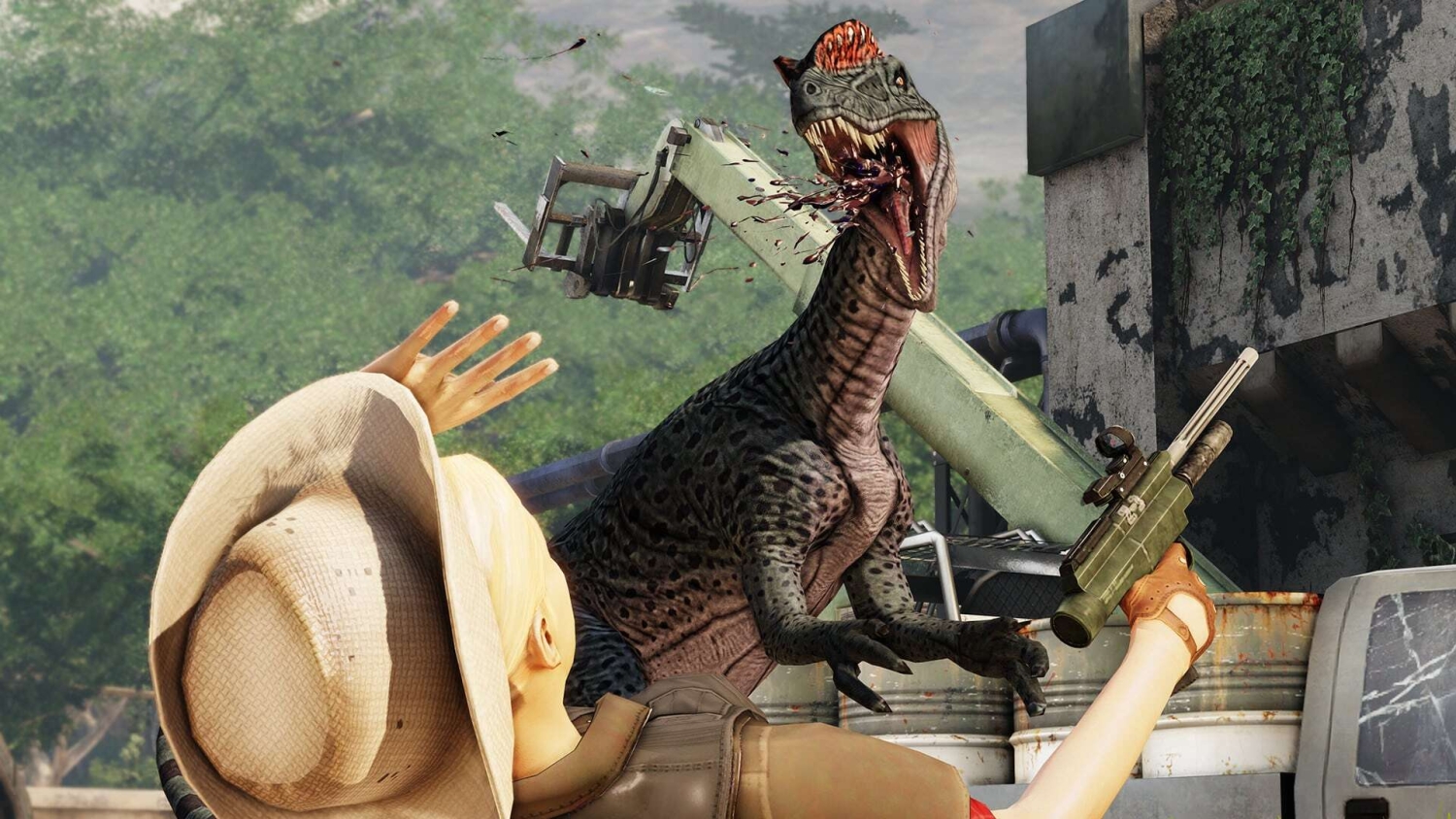 Person with rifle shooting at a raptor dinosaur mid-attack with blood splatter in a jungle environment