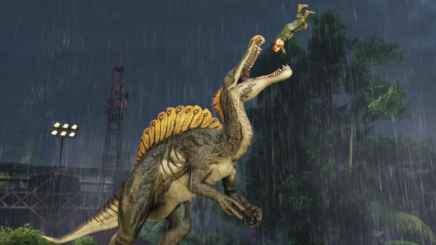 Spinosaurus dinosaur opening its mouth wide to catch a falling human character in heavy rain