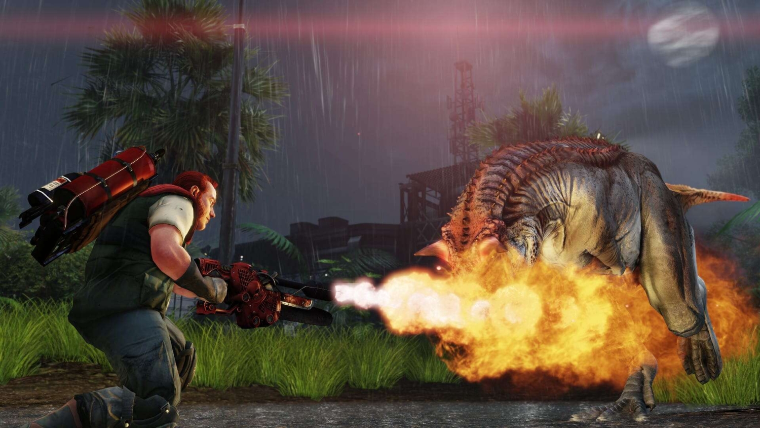 Person firing a flamethrower at a dinosaur in a rainy, jungle-like environment
