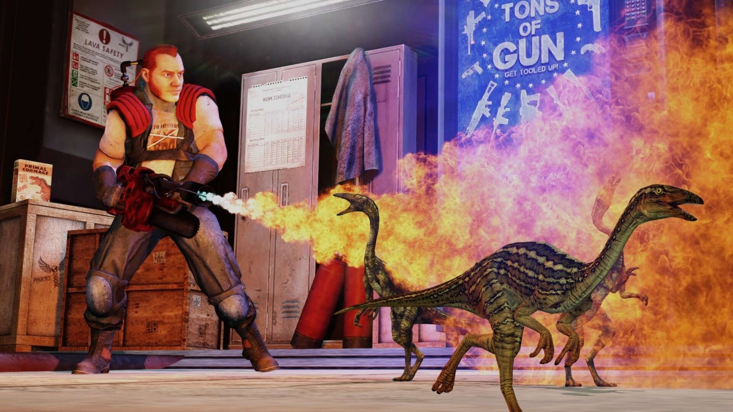 Man wielding a flamethrower attacking small dinosaurs inside a locker room area with fire spreading