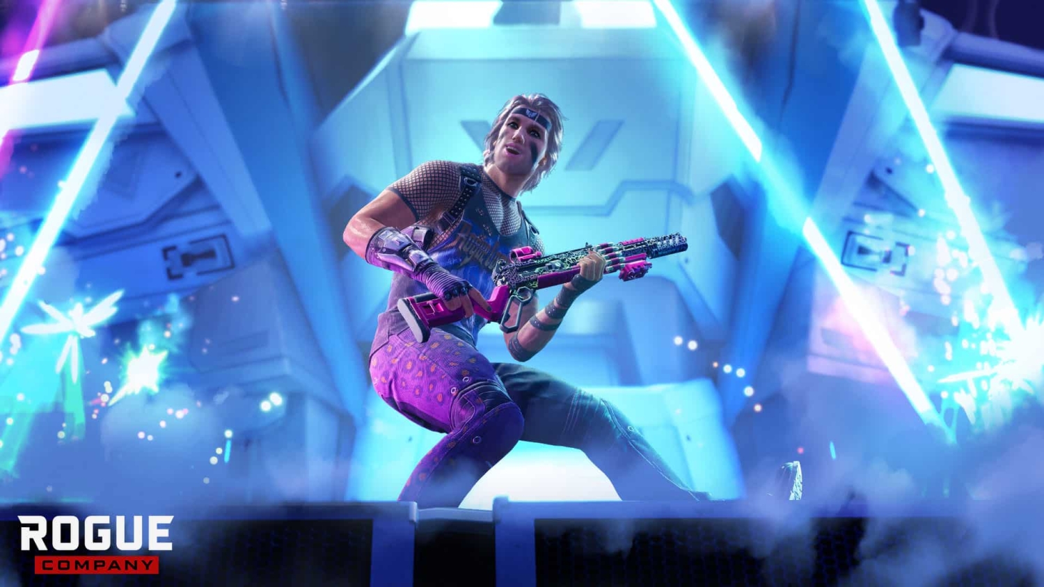 Male character in futuristic purple outfit holding neon pink and black rifle surrounded by blue and purple lights