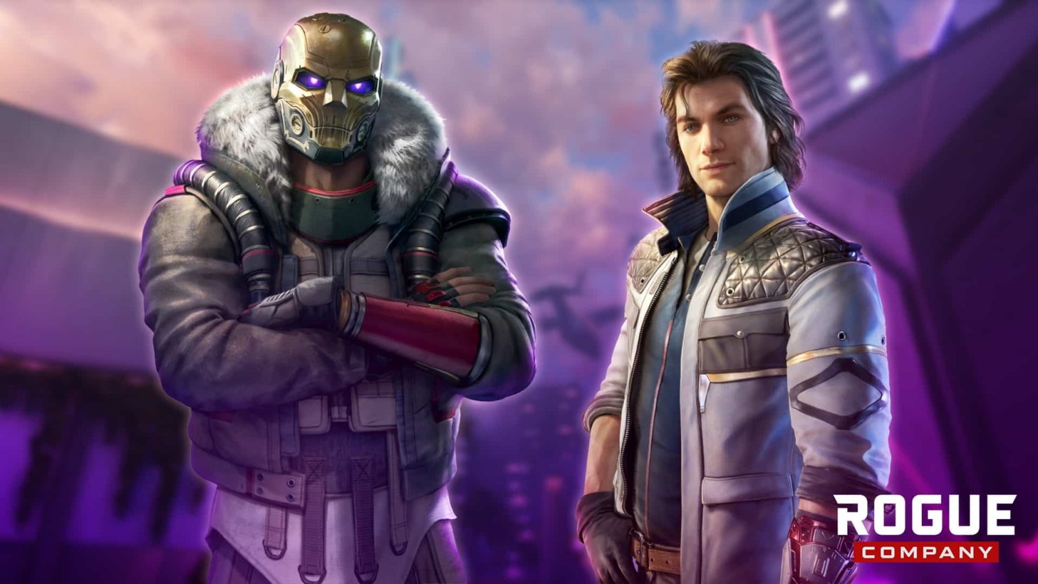 Two distinct video game characters with futuristic outfits pose in front of a purple urban background with a logo