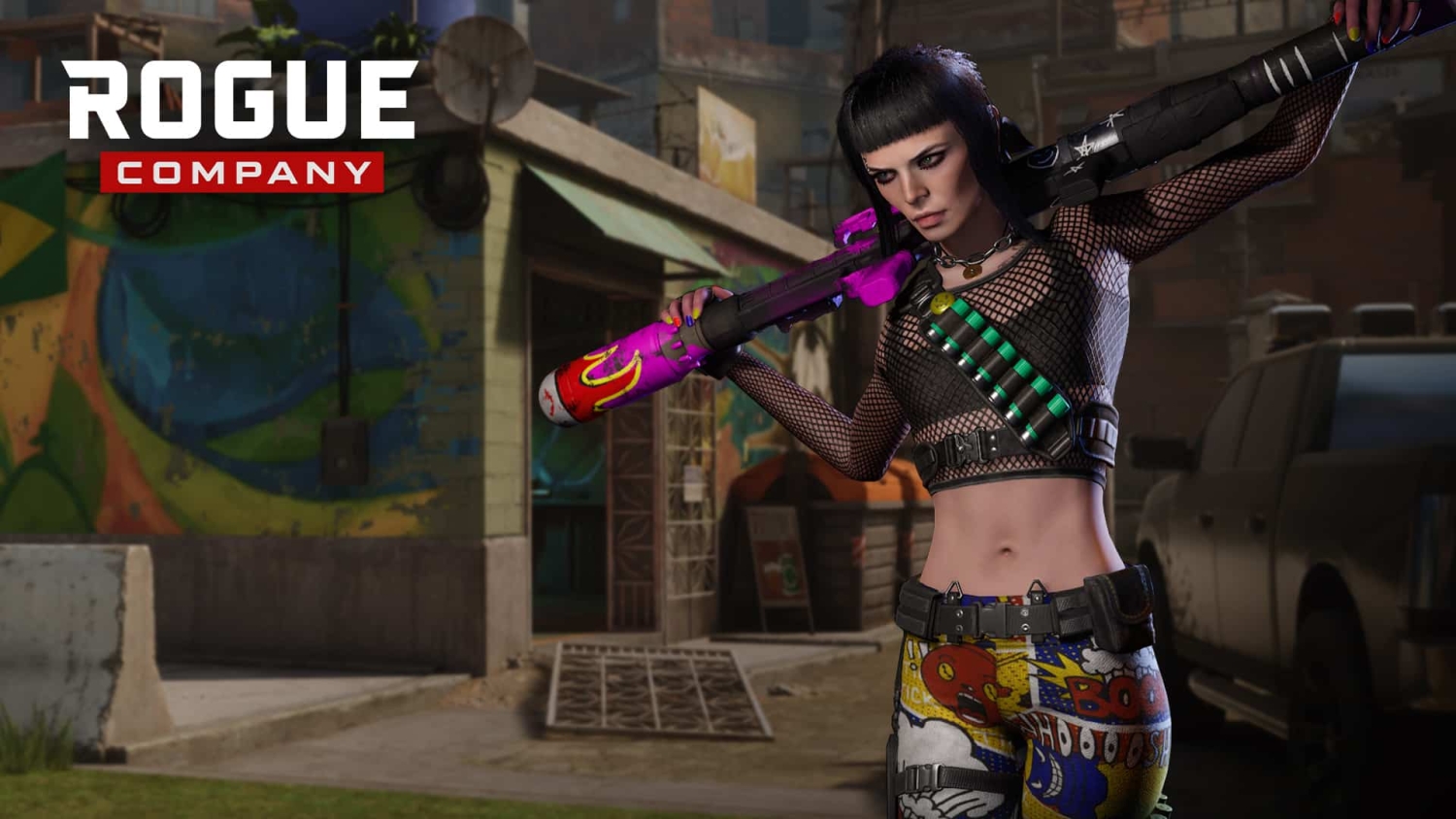 Female character in fishnet top and comic-print trousers holding a vibrant purple and red weapon