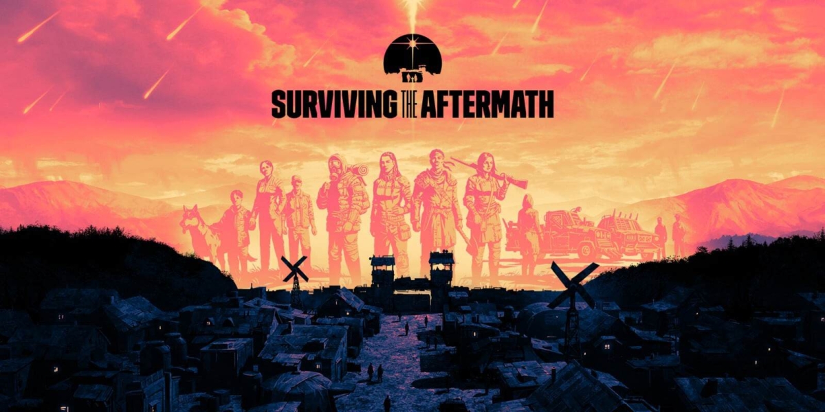 Silhouetted figures including survivors and vehicles against a vibrant orange and pink sunset sky with the game title above