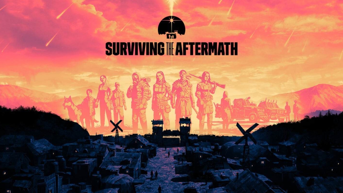 Silhouetted figures including survivors and vehicles against a vibrant orange and pink sunset sky with the game title above