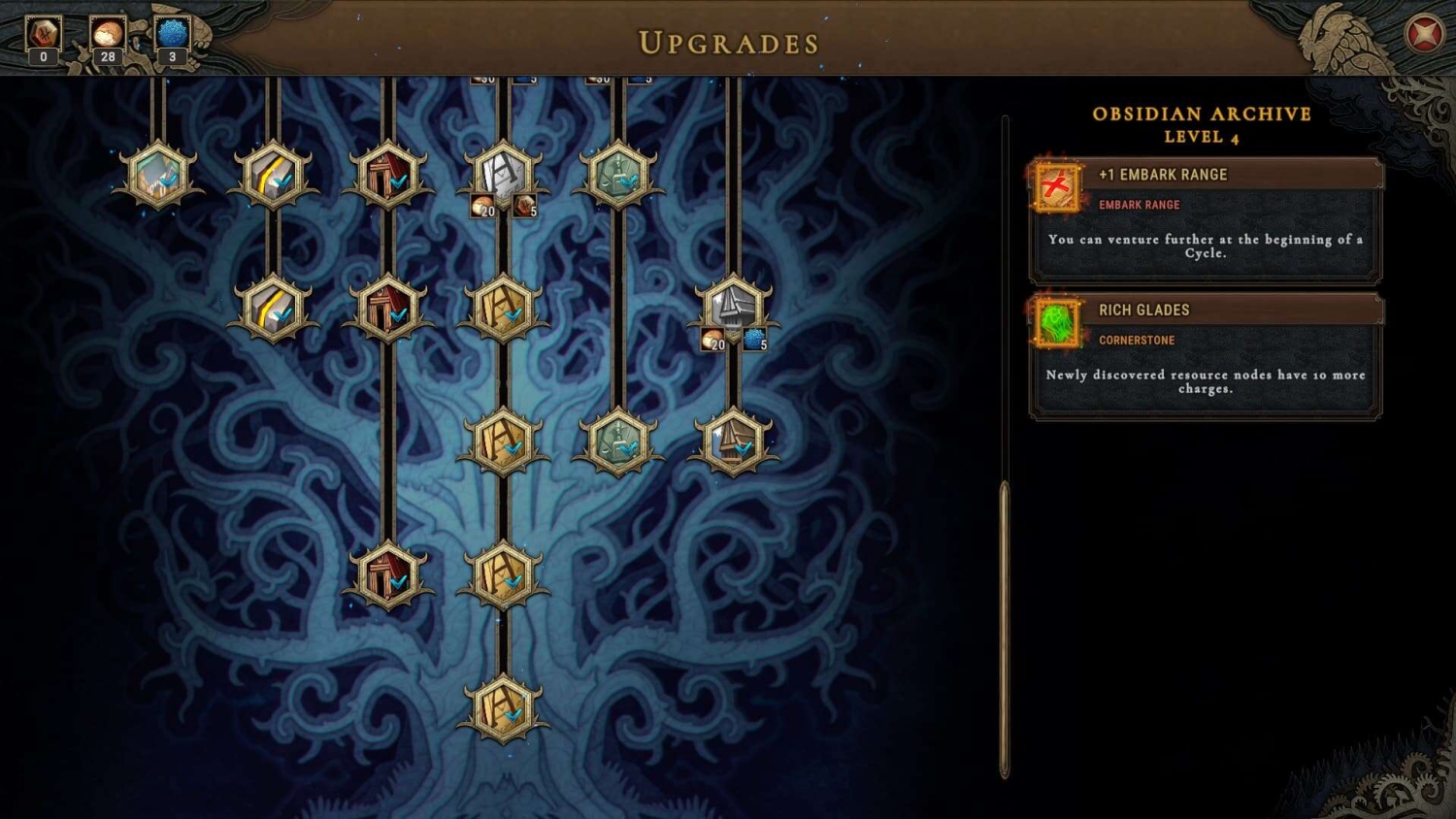 A skill tree interface with various upgrade icons connected on a blue ornate background labelled Obsidian Archive Level 4