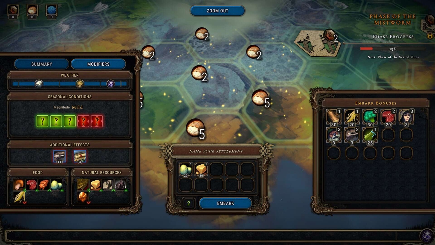 Game interface displaying settlement resources, weather conditions, and embark bonuses on a hexagonal map