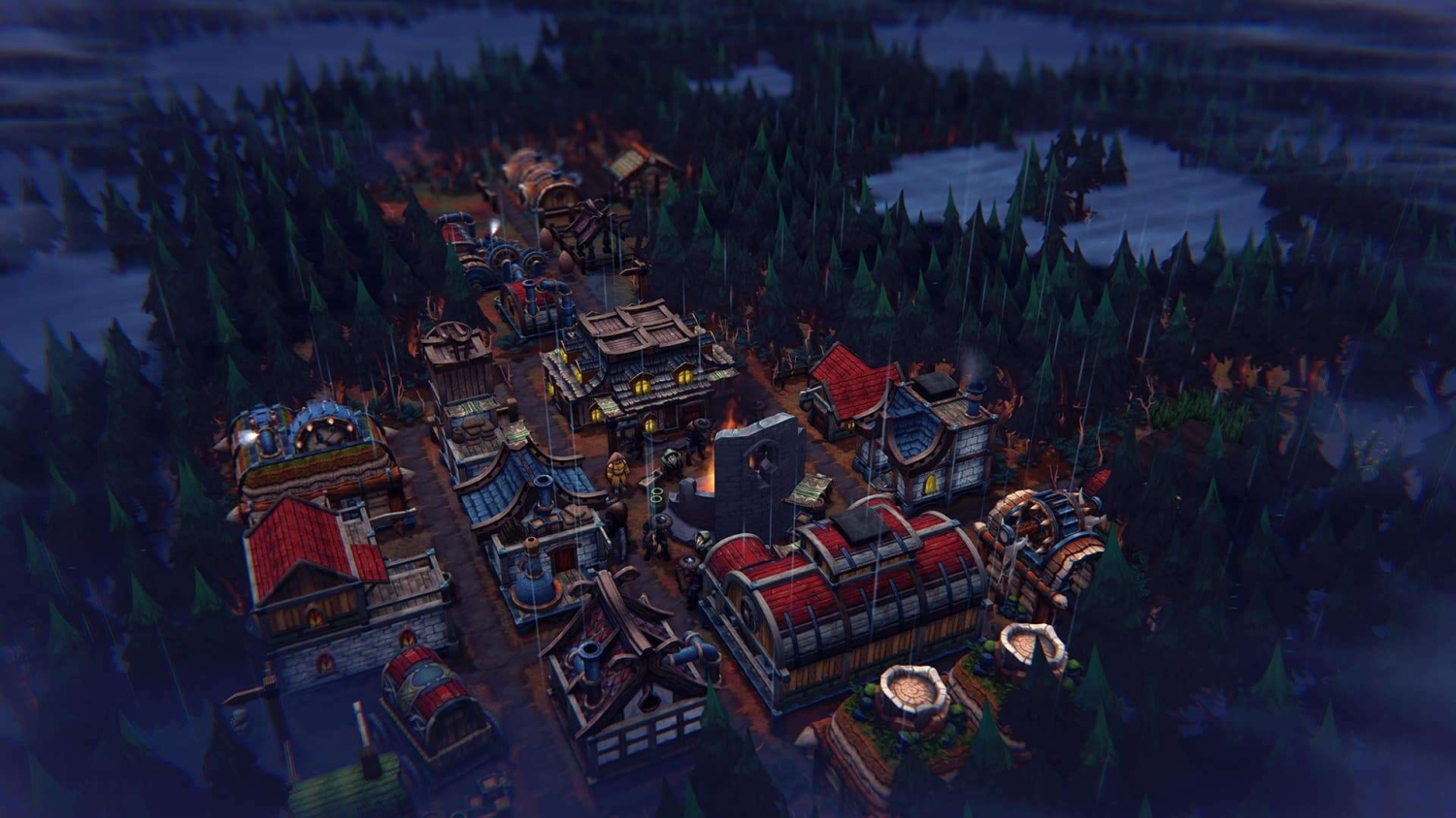Medieval style village buildings with lit windows and roads in dense forest under rain at night