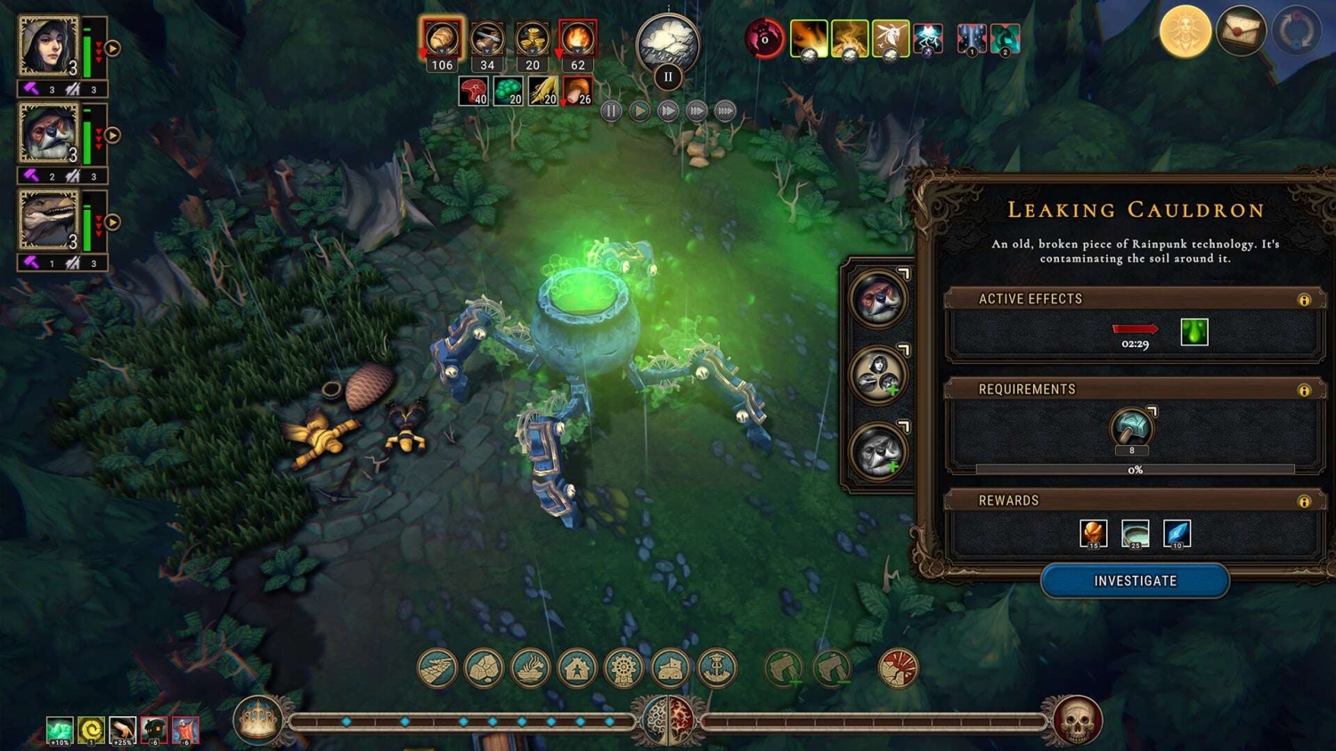 In-game view showing a large cauldron leaking green toxic smoke in a forest, with character icons and game interface