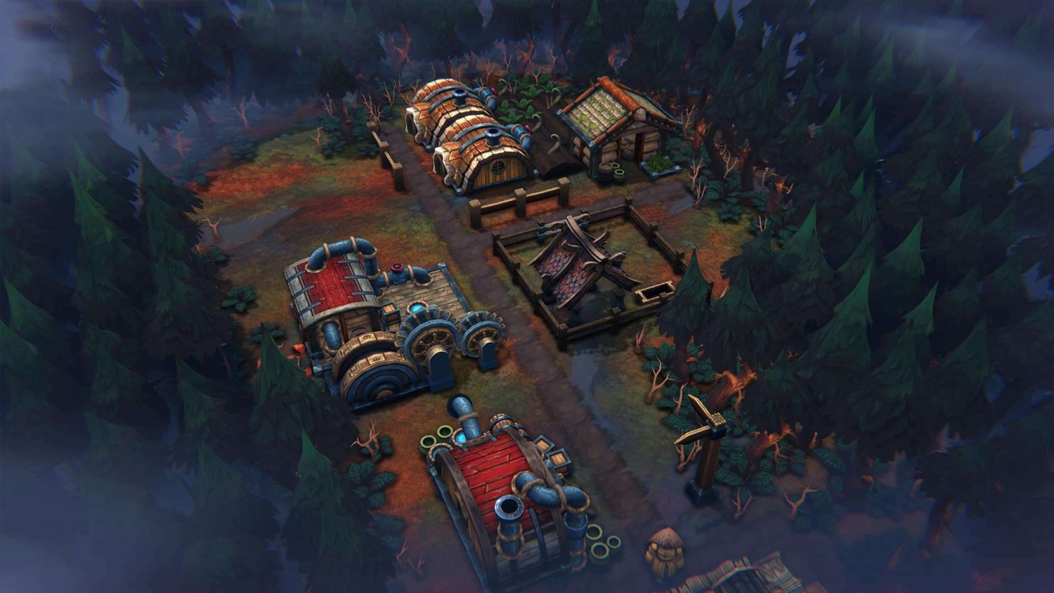 Small fantasy settlement with wooden and metal buildings surrounded by dark dense forest and dirt paths