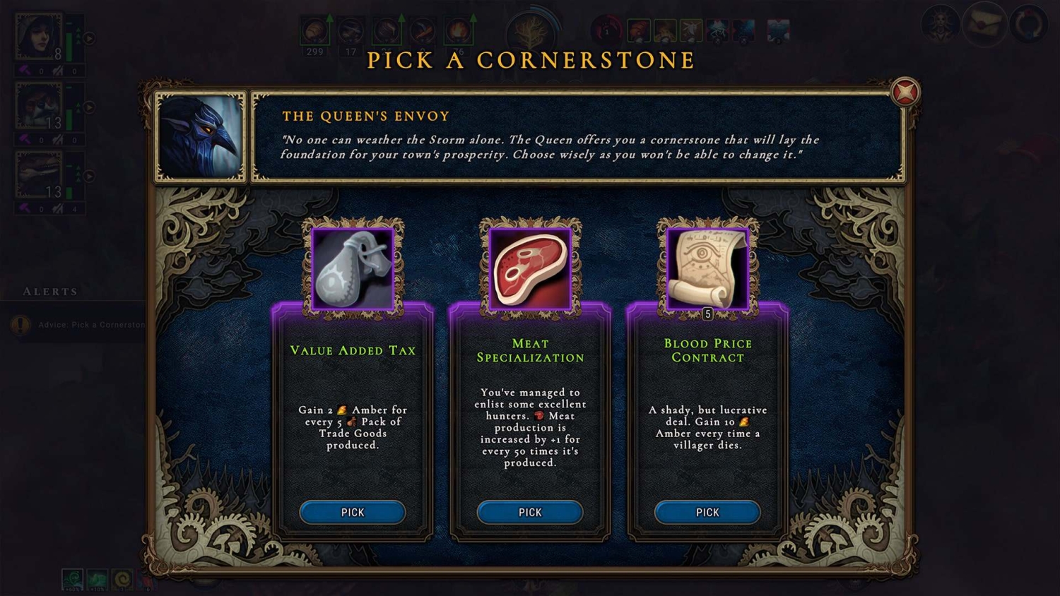 Game screen showing three cornerstone choices with detailed descriptions and icons in a dark fantasy interface