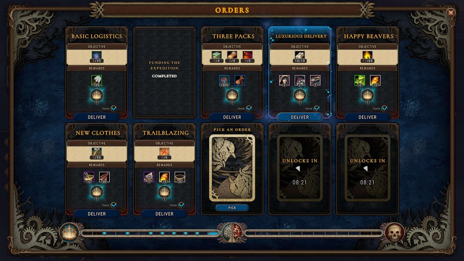 Game screen displaying multiple delivery order panels with objectives, progress bars and rewards for completion