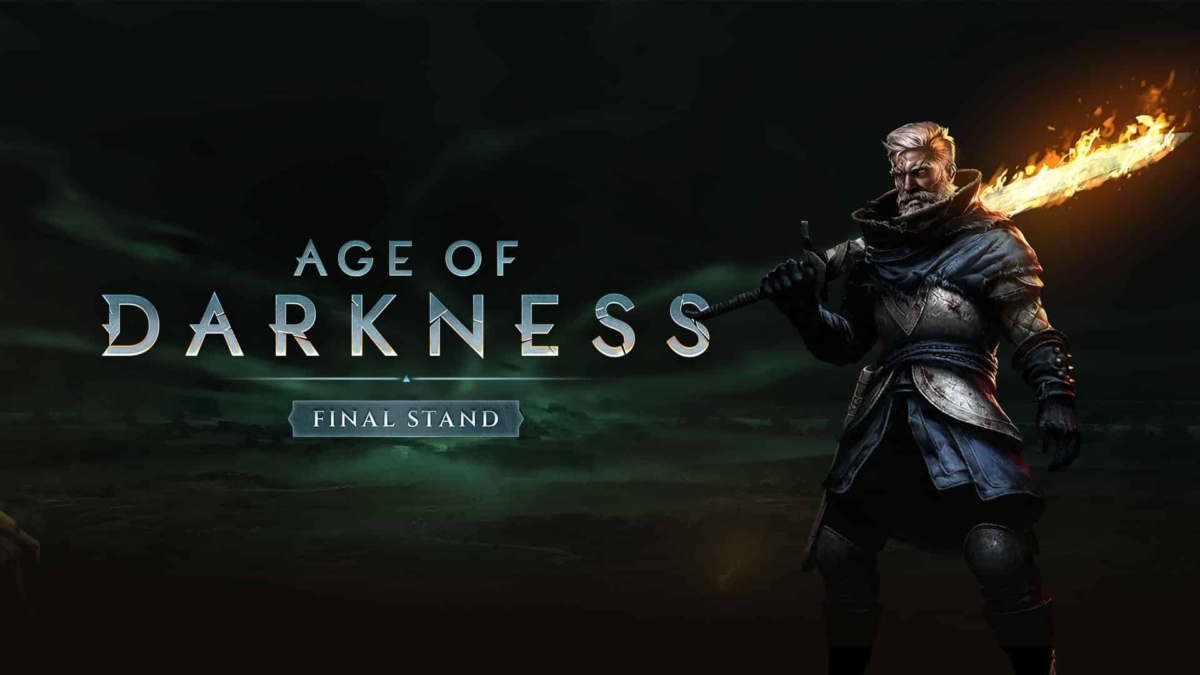 Armoured warrior holding a flaming sword beside Age of Darkness Final Stand logo on a dark background