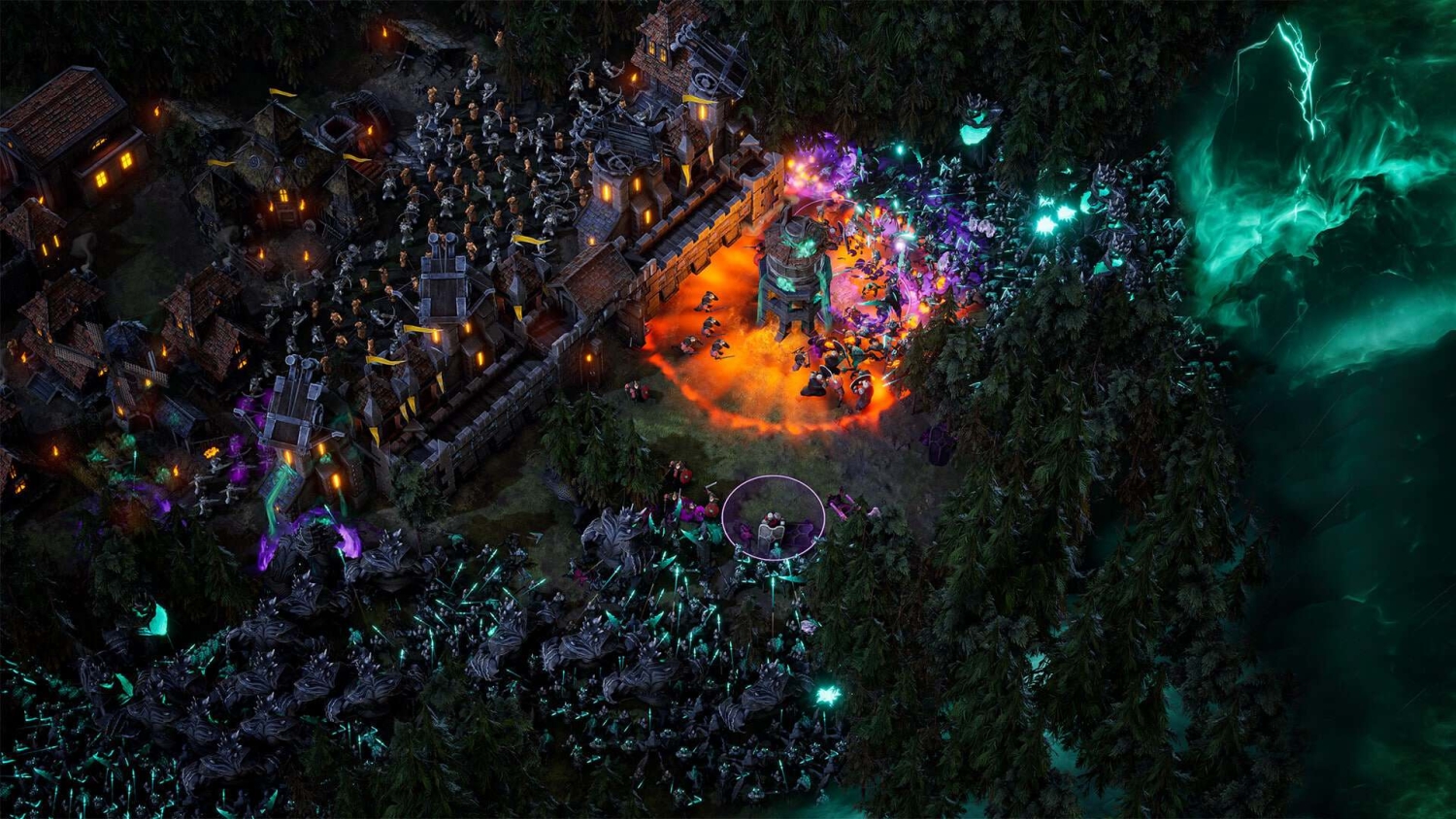 Fortified medieval fortress under attack by glowing dark creatures and armed warriors among dense forest trees