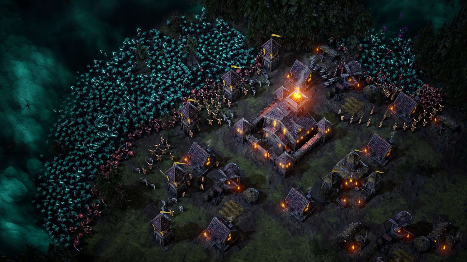 A fortified village with glowing lights under attack by a large horde of enemies in a dark forest at night