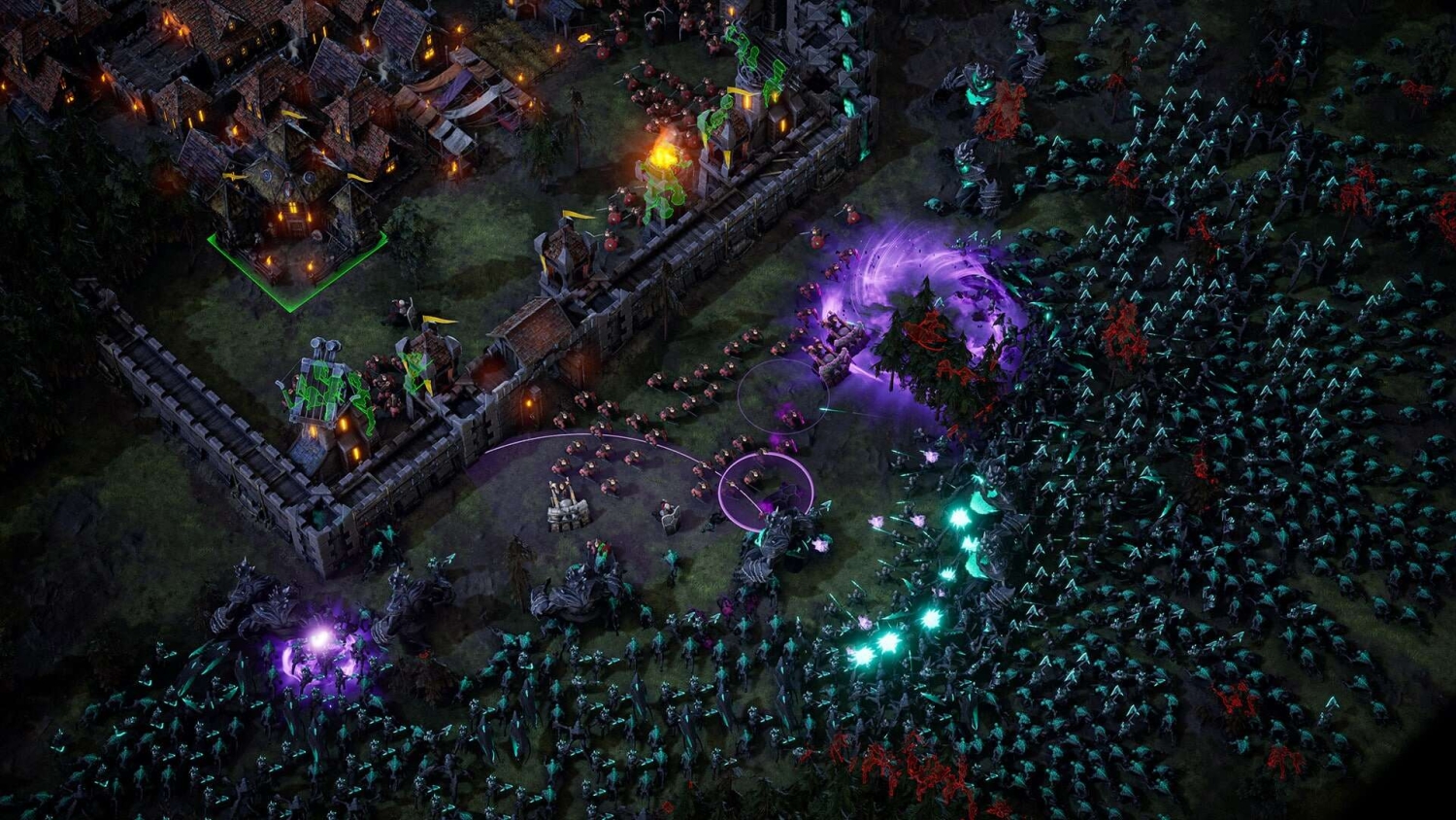 Night scene showing fortified castle walls with defenders fighting off large swarm of glowing and shadowy creatures