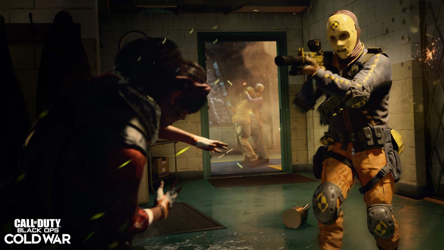 Soldier wearing a yellow mask and tactical gear firing a rifle at a crouching opponent in a dimly lit corridor