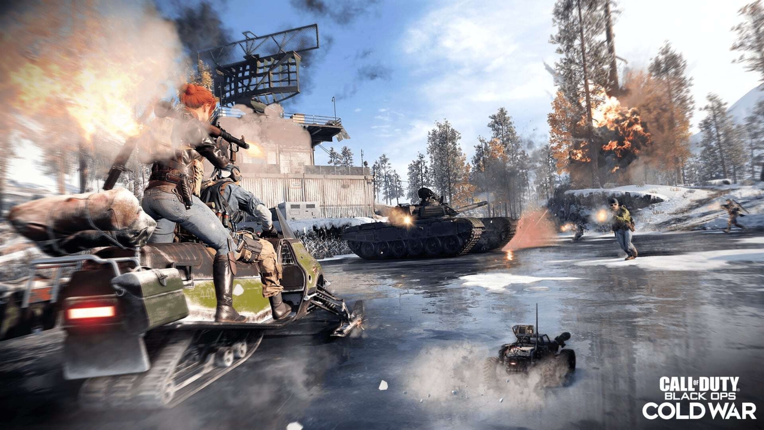 Two armed characters firing from a tracked vehicle at a tank in a snowy forested battlefield