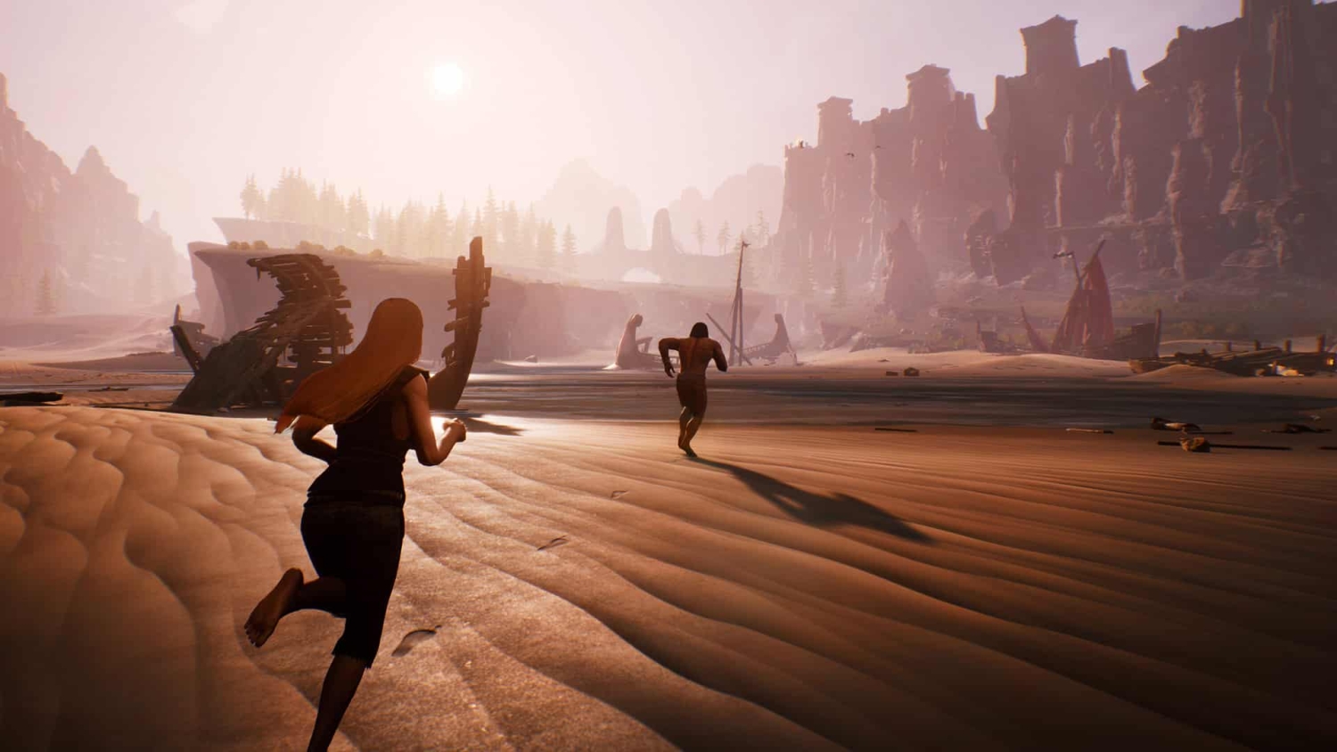Two characters run barefoot on a sandy beach towards rocky cliffs and shipwrecks during sunset