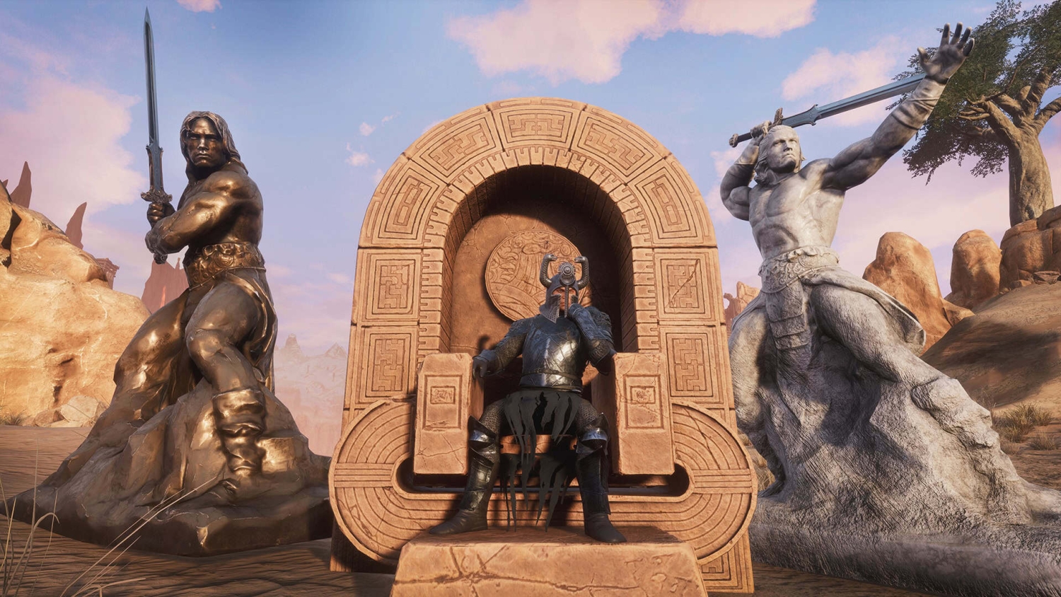 Armoured figure in horned helmet sits on ornate stone throne between two large sword-wielding statues in desert
