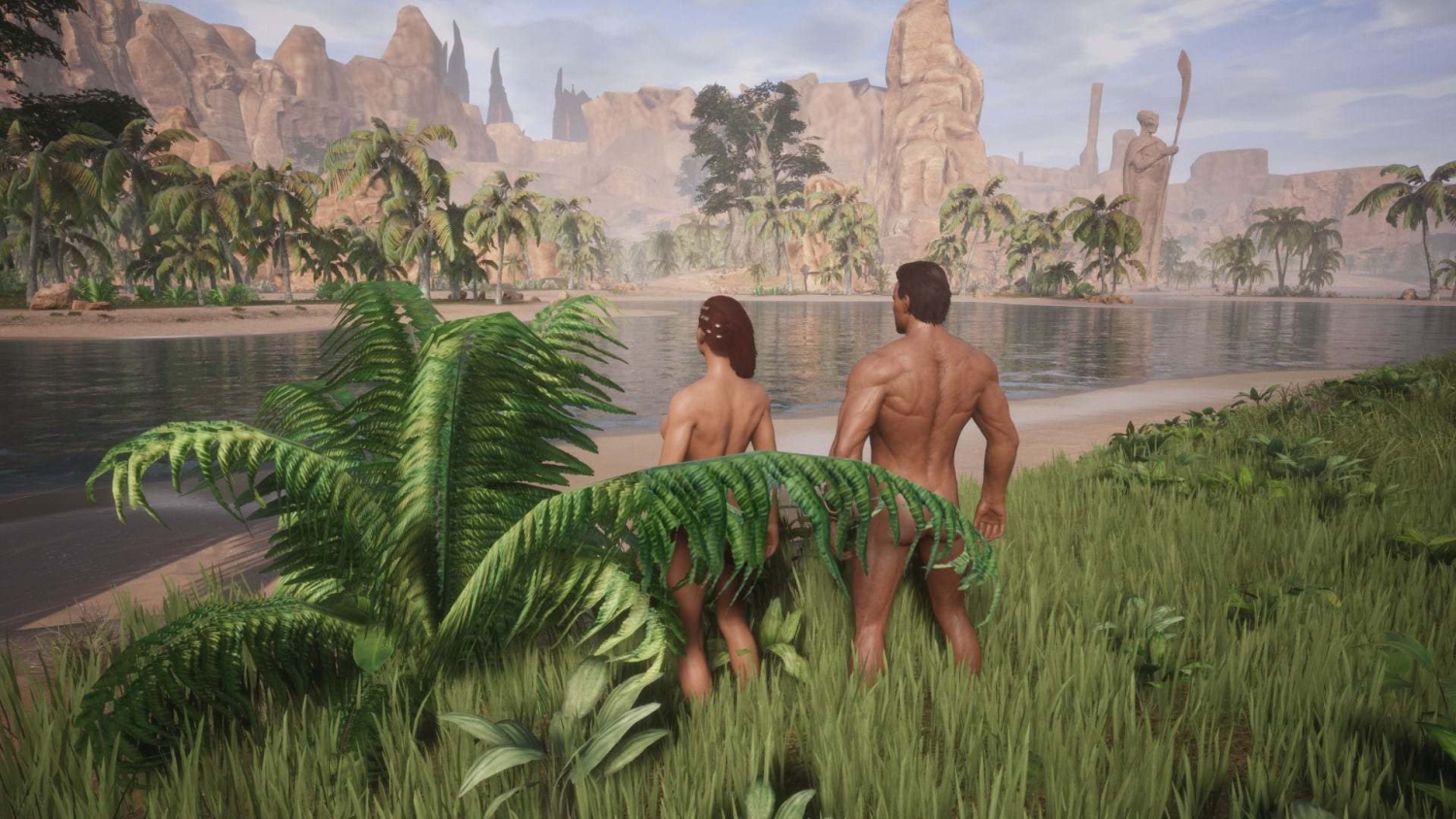 Two naked custom characters standing on grass near a riverbank with palm trees and rock formations